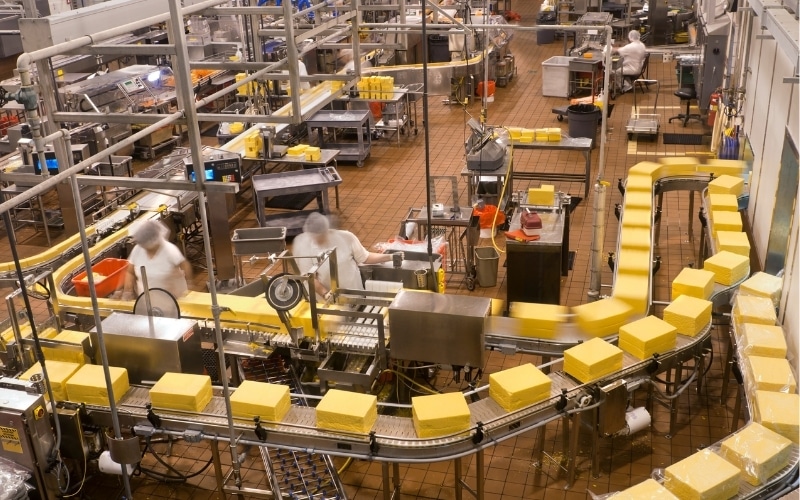 Packages move along the line in a packaging facility