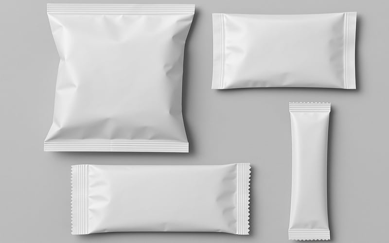 Four white flexible pouch packages are arranged in a square.