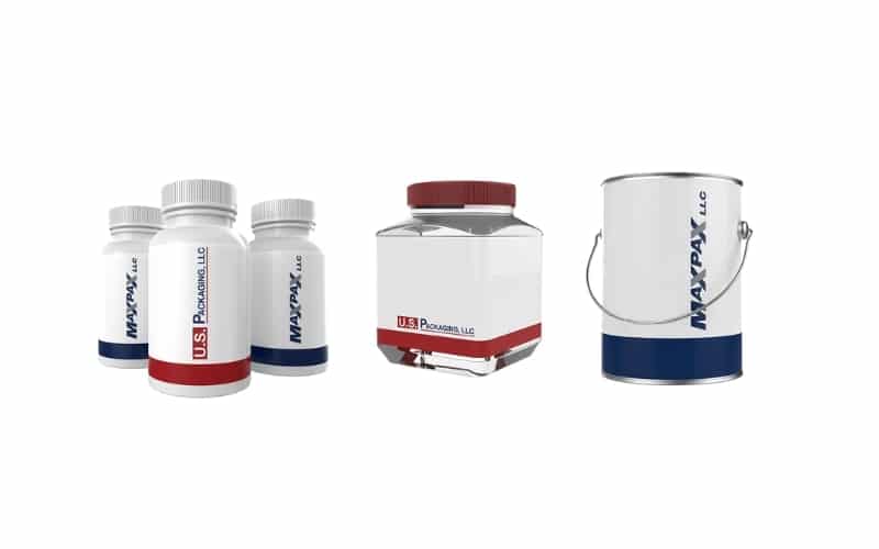 Three samples of rigid packaging from MaxUS Operations, including pill bottles, food containers, and paint cans.