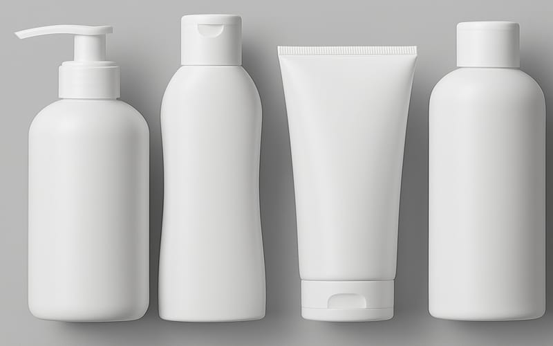Empty white bottles intended for personal care products
