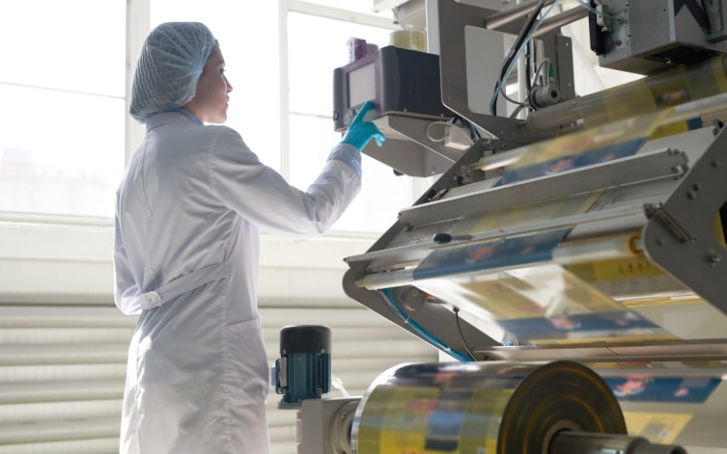 A worker operates a automated packaging machine