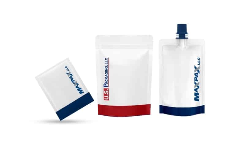 Image of three different flexible packaging pouches with the "MaxUS" brand logo on them.