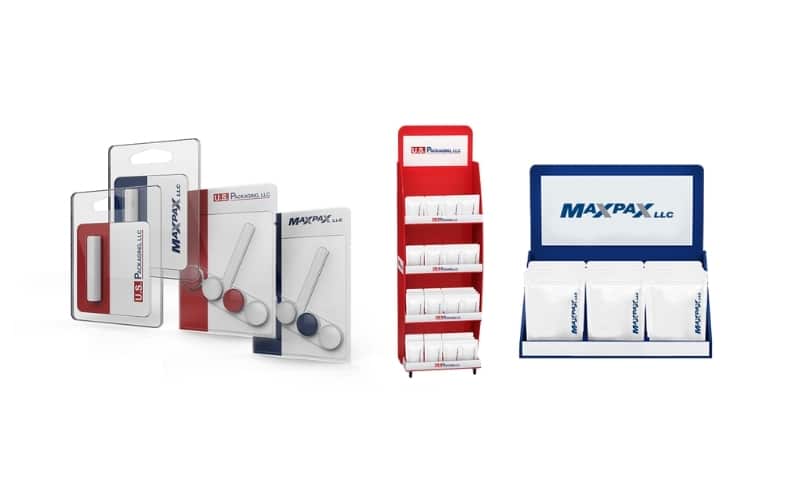 A number of product packaging examples from MaxUS Operations, including retail displays