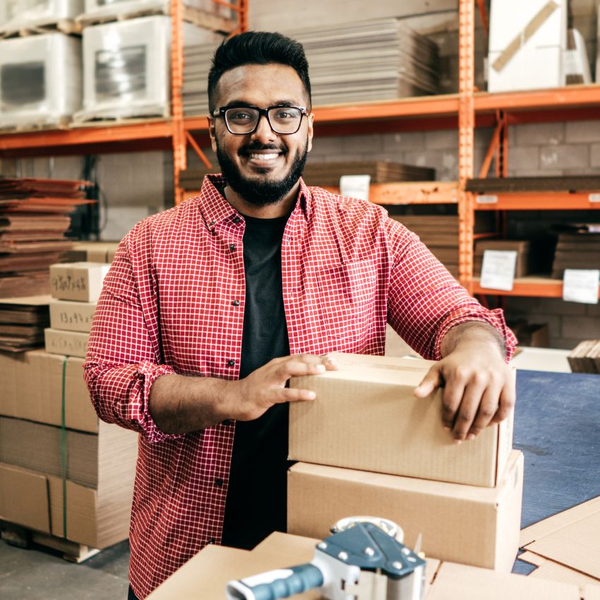 A smiling man in a red checkered shirt stands in a warehouse, holding cardboard boxes—perfect for toll manufacturing operations. Shelves packed with more boxes and packing materials fill the background, while a tape dispenser sits on the table in front of him.