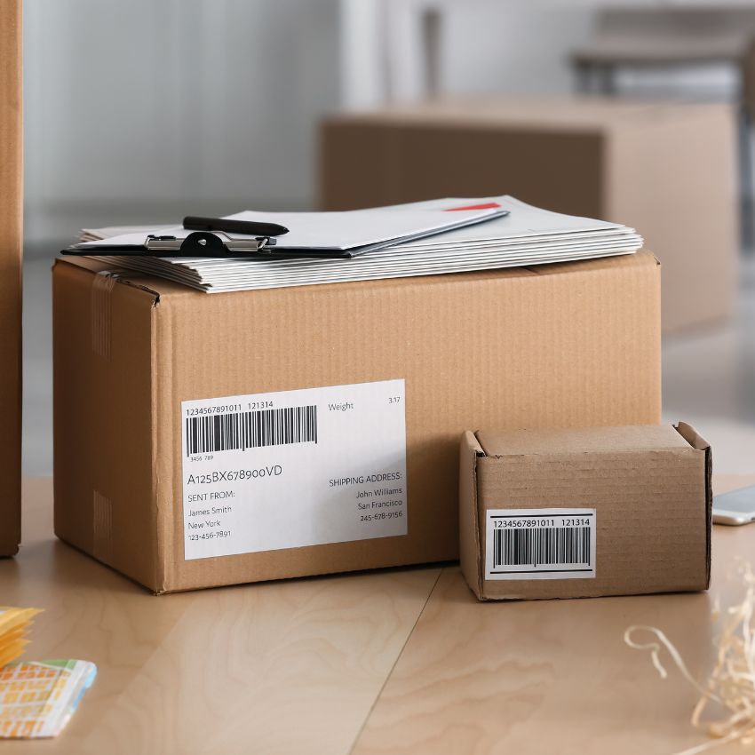 Two cardboard shipping boxes, one large and one small, sit on a wooden floor. The larger box has labels and a clipboard with papers—typical in contract manufacturing or outsourcing environments. More boxes and a blurred office setting appear in the background.