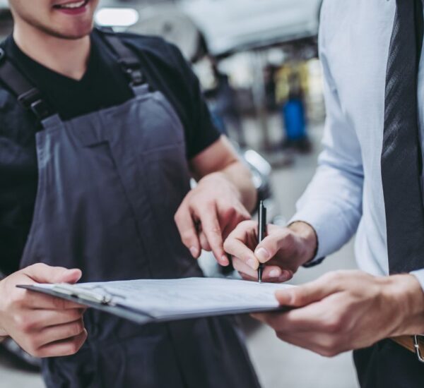 Two people are discussing a document on a clipboard. One, likely a mechanic in overalls, listens as the other—possibly a manager or drop shipping coordinator—points at the paper with a pen, analyzing details together.