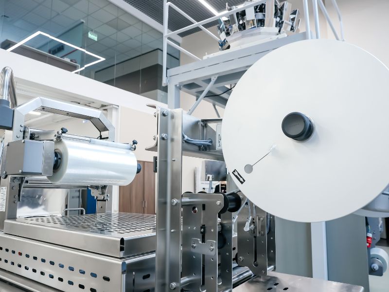 Scalable manufacturing system in a packaging facility, including a large rolls of plastic for wrapping items.