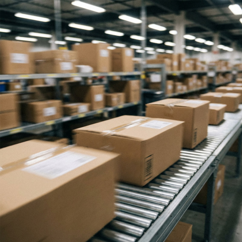 Cardboard boxes move along a conveyor belt in a large warehouse or distribution center, hinting at busy drop shipping operations with shelves and more packages visible in the background, all contributing to efficient package processing and shipping.