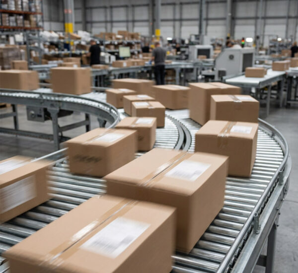 Cardboard boxes for drop shipping move along a curved conveyor belt in a large warehouse with high ceilings, shelves, and workers in the background, illustrating a busy package sorting or distribution facility.