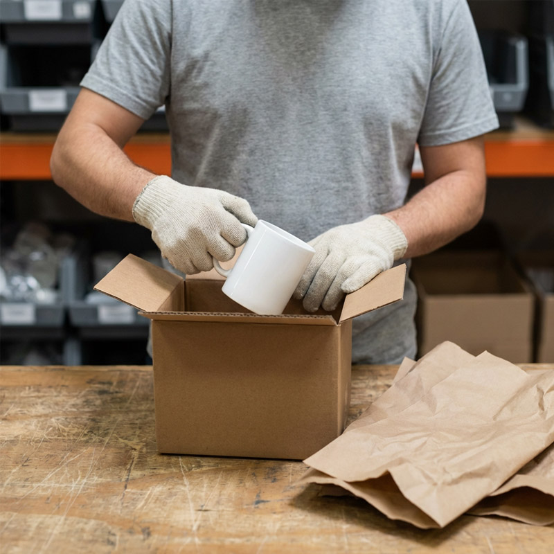 A person wearing a grey shirt and gloves places a white mug into an open cardboard box on a wooden workbench—prepping for drop shipping. Crumpled brown packing paper and shelves with storage bins are visible in the background.
