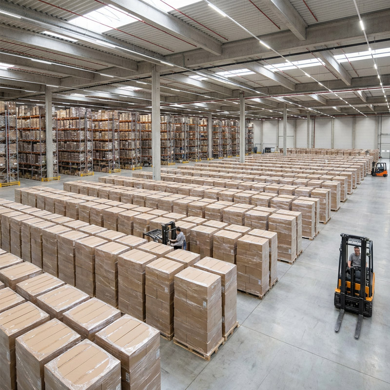 Large warehouse interior with rows of stacked cardboard boxes on pallets, ideal for drop shipping operations. Forklifts move between aisles, and high shelves filled with more boxes line the well-lit, high-ceilinged space.