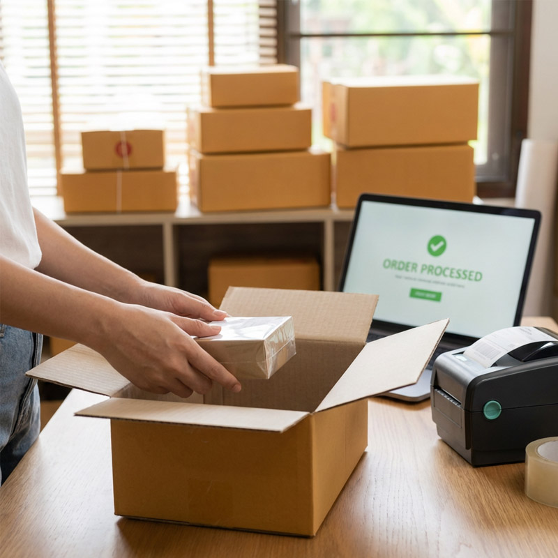 A person packs a small box into a larger cardboard box on a desk, surrounded by other packages—an efficient drop shipping setup. A computer screen nearby displays ORDER PROCESSED next to a label printer.