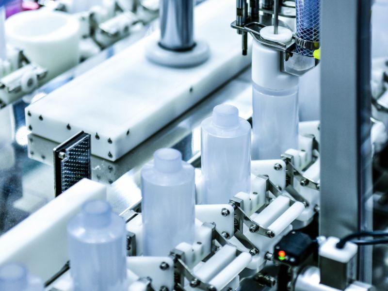 Plastic bottles move along a packaging line.