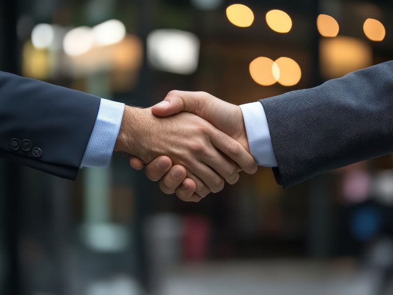 A view of two people in suits shaking hands, with only the handshake visible.