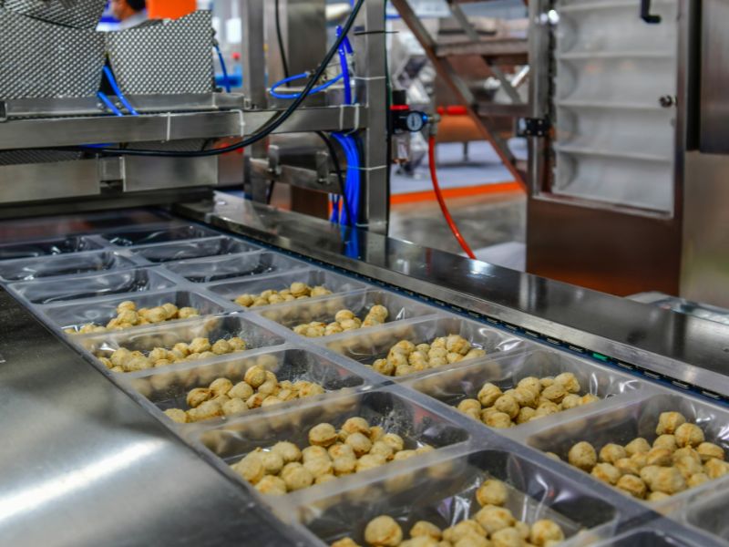 Food is separated into different containers in a packaging facility.