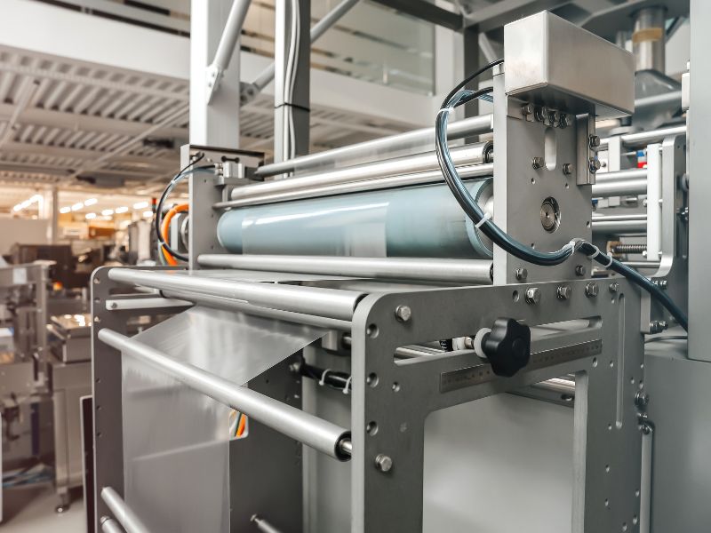 Plastic wrap runs through a large packaging machine