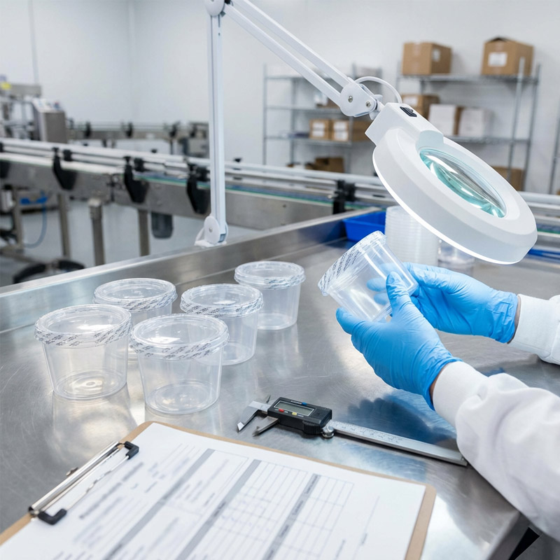 A person wearing blue gloves examines a clear plastic container under a magnifying lamp in a laboratory, likely inspecting the results of induction sealing. Several similar containers, a clipboard, and a caliper are on the stainless steel table.