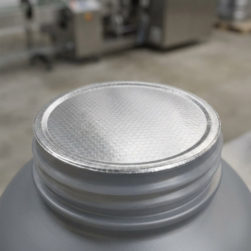 Close-up of an induction seal with a hexagonal pattern on a plastic container lid, set against the blurred backdrop of an industrial environment.