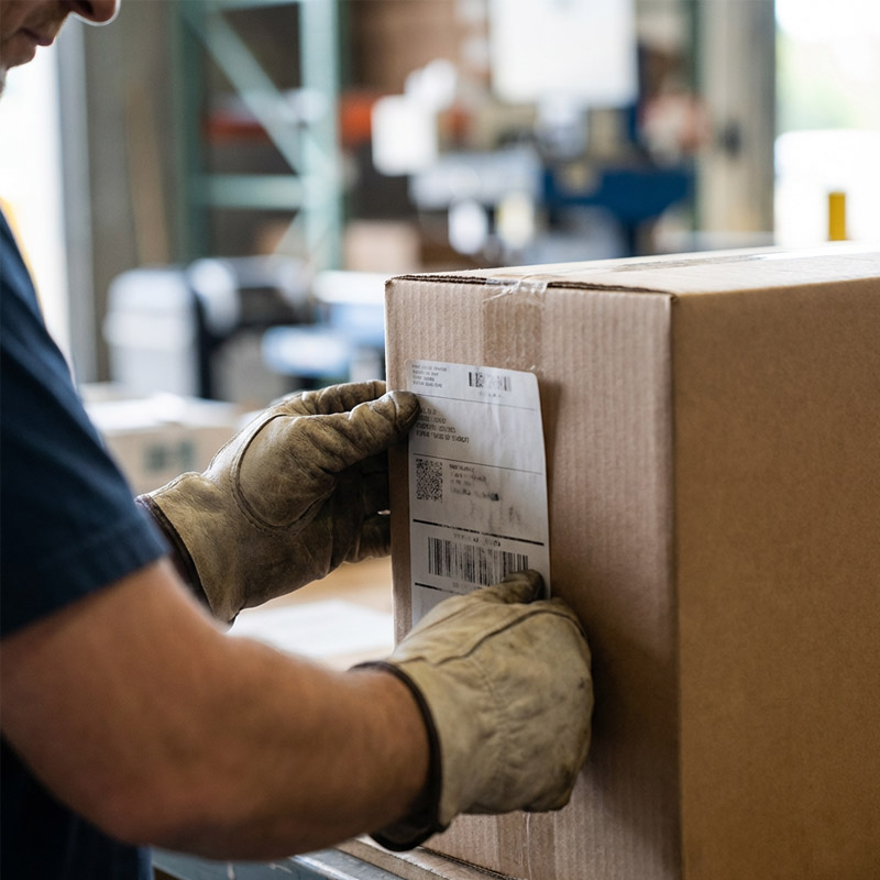 A person wearing work gloves applies a shipping label to a cardboard box in a warehouse or shipping facility.