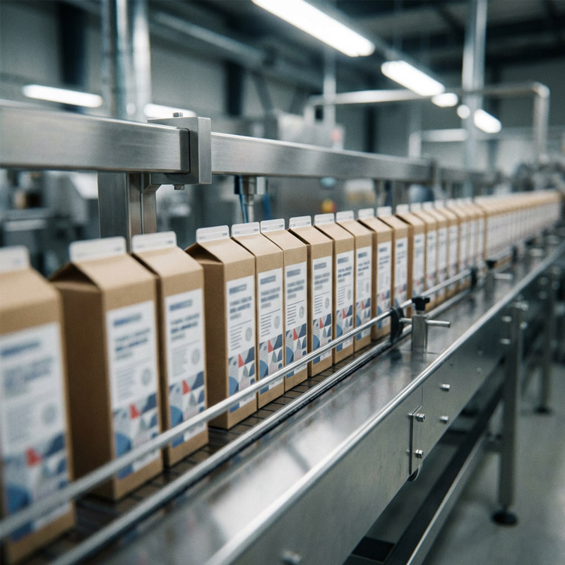 A row of cardboard cartons moves along an automated conveyor belt in a modern factory, with stainless steel machinery and industrial lighting visible in the background.