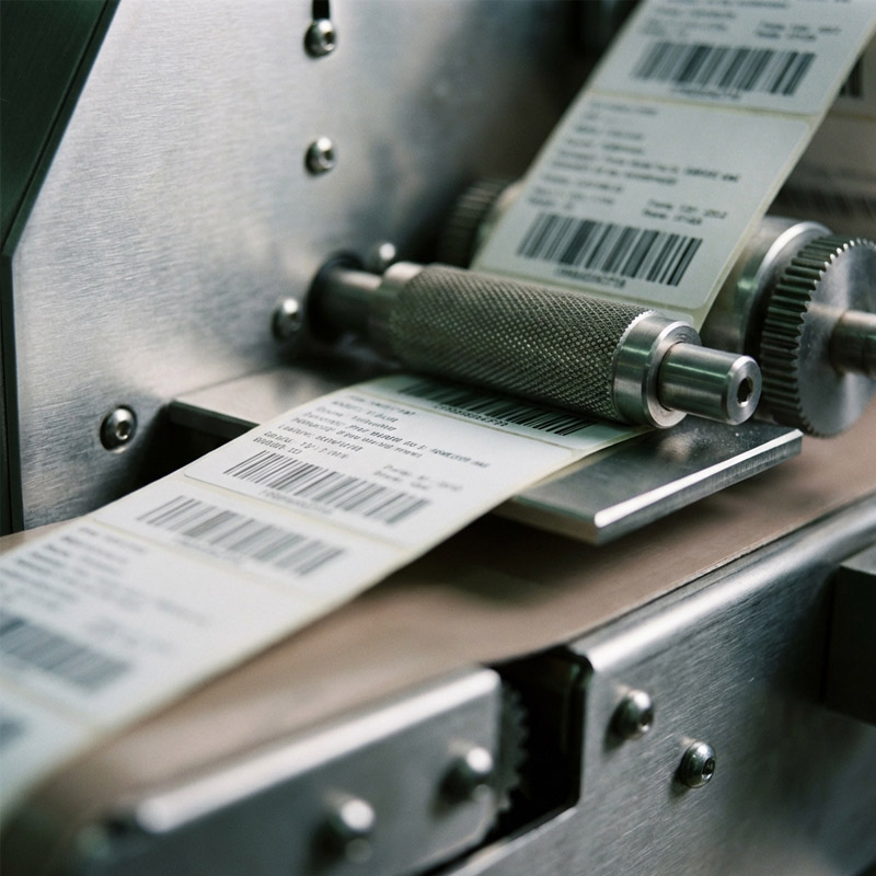 A close-up of a machine printing barcode labels on a continuous strip of paper, showing gears and rollers guiding the labels through the device.