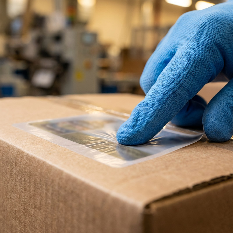 A person wearing a blue glove is pressing down on a clear label being applied to a brown cardboard box in an indoor industrial setting.