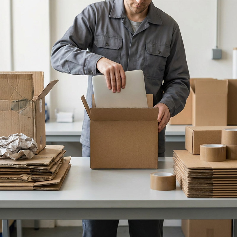 A person in a gray uniform packs a laptop into a cardboard box on a table, surrounded by other boxes, packing paper, and rolls of tape in a workspace.