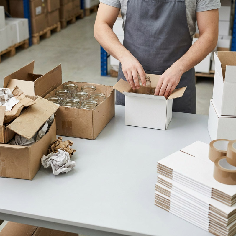 A person in a gray apron is packing glass jars into a white box at a table, surrounded by packing materials, cardboard boxes, and rolls of tape in a warehouse setting.
