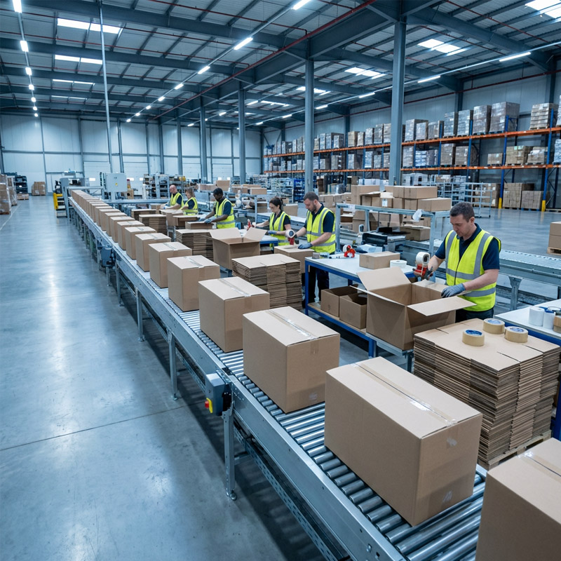 Workers wearing safety vests pack cardboard boxes on a conveyor belt inside a large, well-lit warehouse with shelves full of goods, showcasing efficient contract packaging and customized packaging solutions.