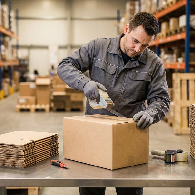 A warehouse worker in a gray uniform seals a cardboard box with packing tape at a metal table, showcasing efficient contract packaging amidst organized packing supplies and boxes—demonstrating reliable packaging solutions.