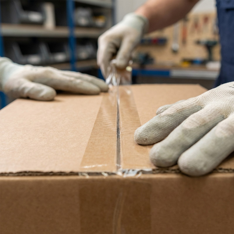 Two people wearing white gloves are sealing a cardboard box with clear packing tape in a workshop or warehouse setting, demonstrating efficient contract packaging. Shelves with items are visible in the background.