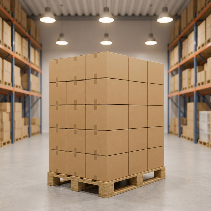 A pallet stacked with sealed cardboard boxes stands in the center of a spacious warehouse, showcasing Contract Packaging Solutions among shelves filled with similar boxes under bright overhead lighting.