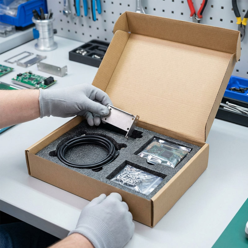 A person wearing gray gloves unboxes a sub-assembly electronics kit on a workbench, revealing cables, screws, and components in a foam-lined box. Tools and circuit boards are visible in the background.