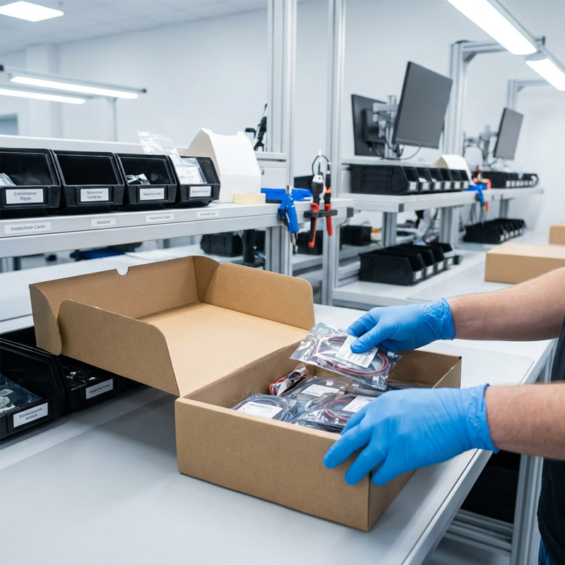 A person wearing blue gloves packs sub-assembly electronic components into a cardboard box at a clean, organized workstation with monitors, storage bins, and various tools in a modern lab or assembly facility.