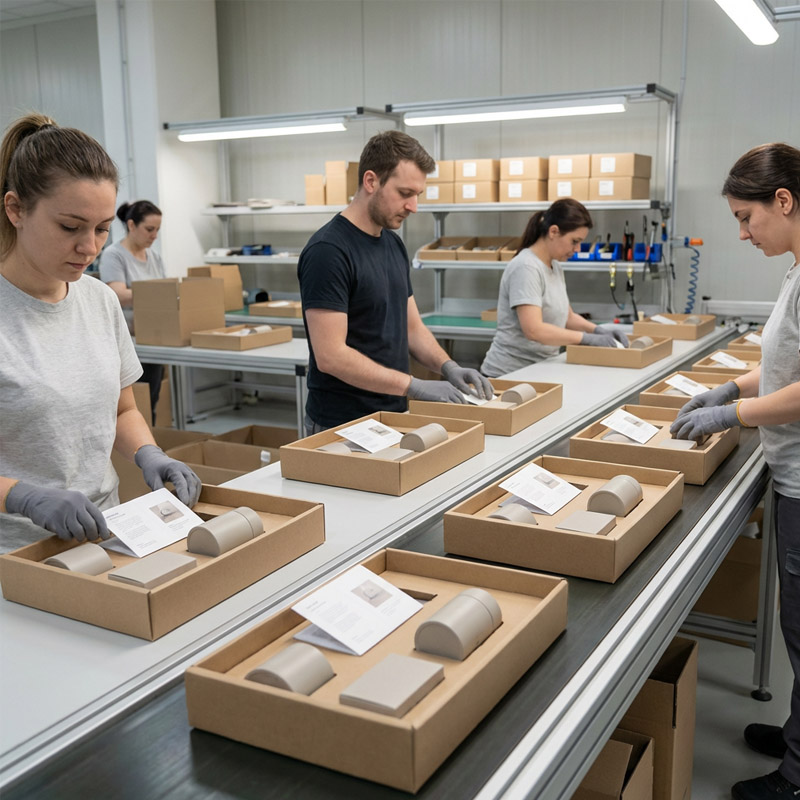 Four people work on a sub-assembly line in a brightly lit factory, packing products and instruction sheets into cardboard boxes. The organized workspace features several complete packages visible on the conveyor belt.