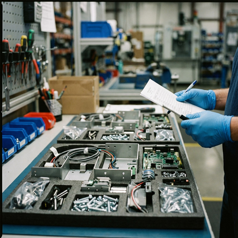 A person wearing blue gloves holds a Sub-Assembly checklist next to a workstation with organized electronic components, screws, and cables in a foam tray. Shelves, tools, and boxes are visible in the background of a workshop.