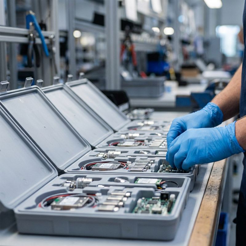 A person wearing blue gloves inspects sub-assembly electronic components in open gray plastic cases on a workbench in a factory or laboratory setting. Other cases and equipment are visible in the background.
