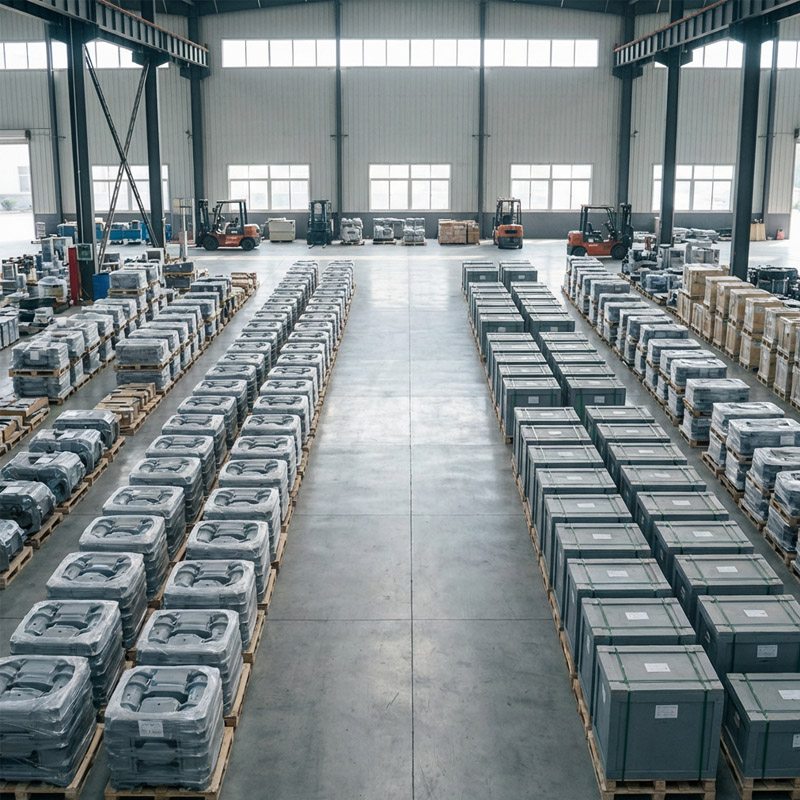 Large warehouse interior with multiple rows of neatly stacked, shrink-wrapped pallets and industrial crates, organized on the concrete floor. Perfect for toll manufacturing or other efficient manufacturing solutions. Forklifts and boxes are visible near large windows.