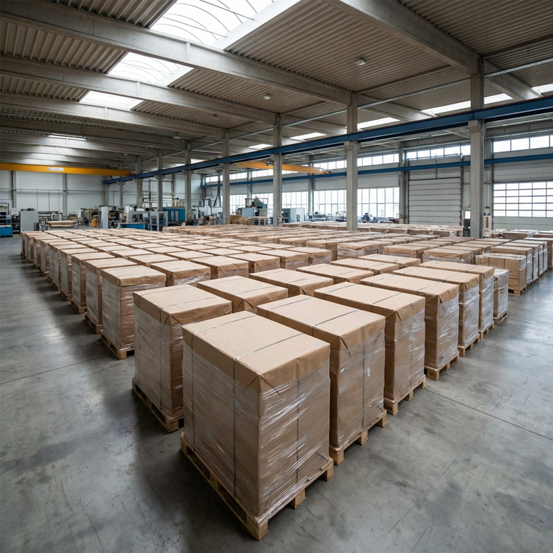 A spacious warehouse filled with rows of large cardboard boxes stacked on wooden pallets, all wrapped in plastic, under a high ceiling with skylights and industrial lighting—ideal for efficient Toll Manufacturing Solutions.