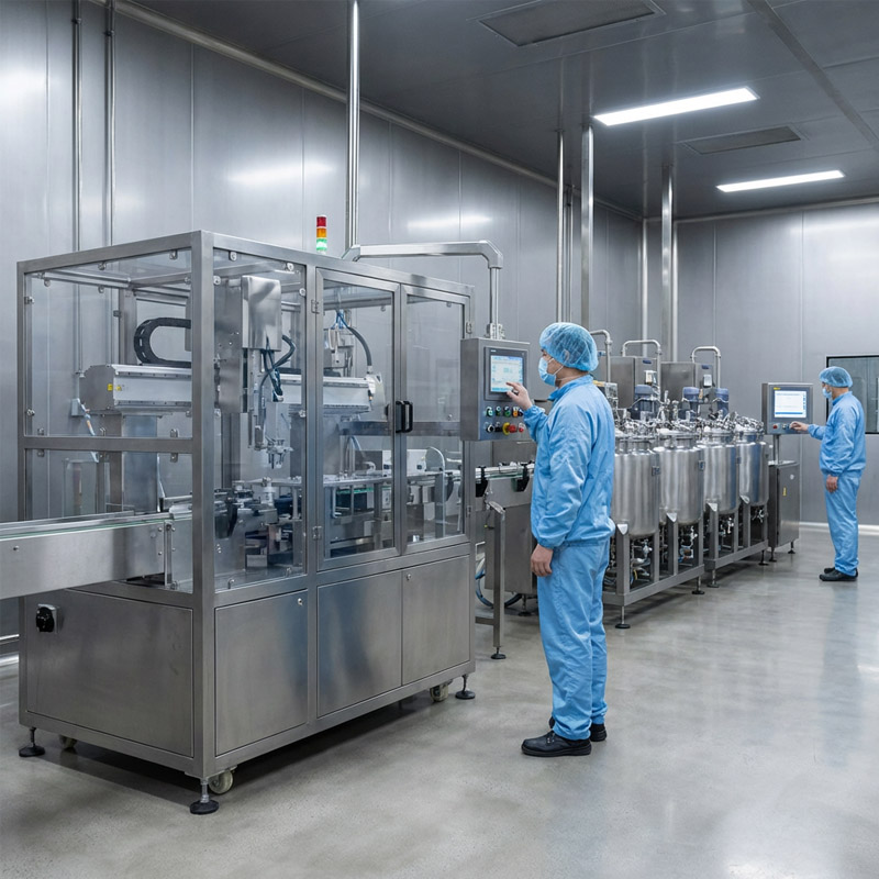 Two workers in blue protective clothing and hair nets operate machinery in a clean, modern facility, showcasing efficient contract manufacturing practices with advanced stainless steel equipment and touchscreens.