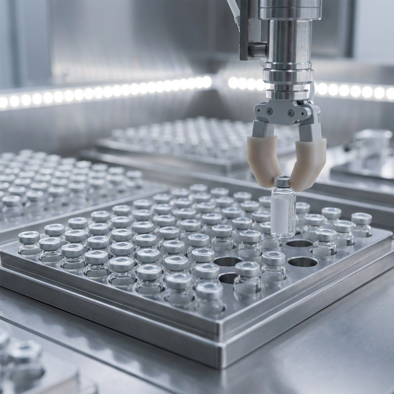 A robotic arm places a glass vial among many similar vials in a metal tray, showcasing advanced manufacturing solutions inside a sterile, high-tech laboratory or pharmaceutical manufacturing facility.