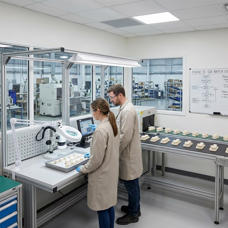Two people in lab coats inspect small objects on trays at a workstation in a clean, modern contract manufacturing laboratory. Machines and shelves are visible through a large interior window; a whiteboard with diagrams is on the wall.