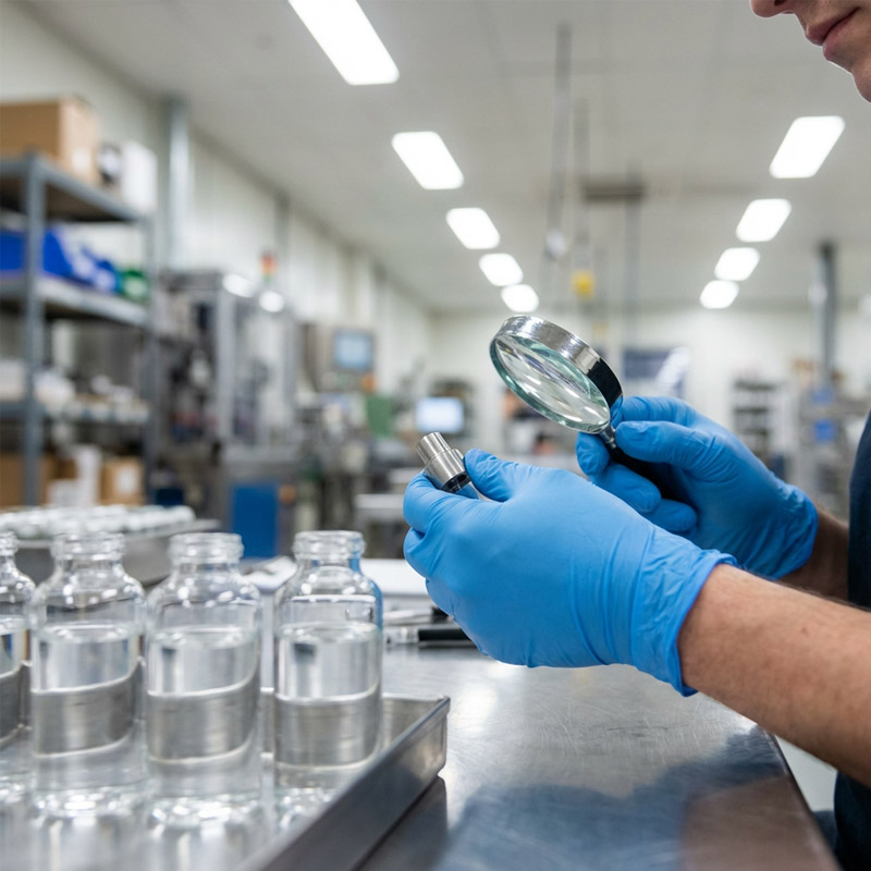 A person wearing blue gloves examines a small metal part with a magnifying glass in a laboratory, illustrating the precision and quality control essential in contract manufacturing, with glass vials filled with clear liquid on a metal table nearby.