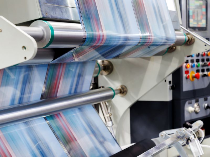 Plastic wrap is run through an industrial packaging machine.
