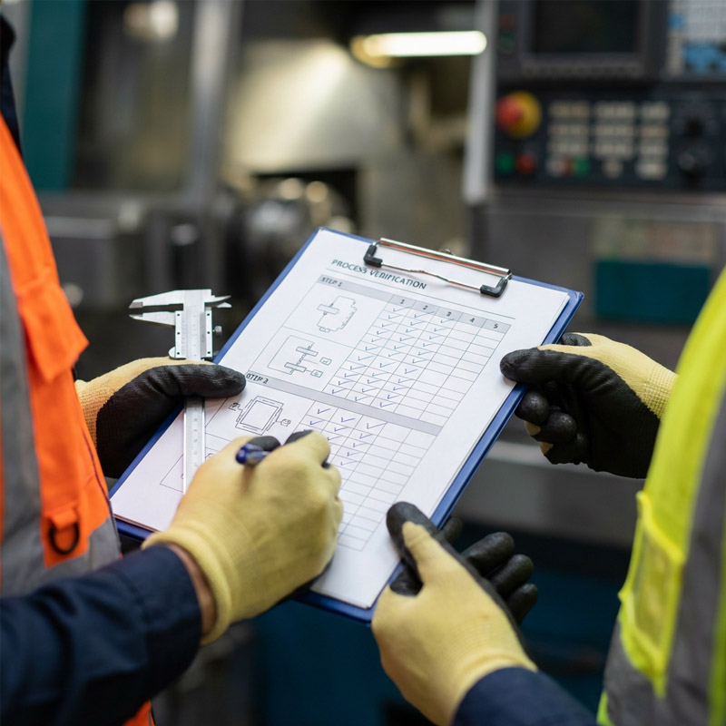 Two workers in safety vests and gloves hold a clipboard with a process verification checklist and a caliper, standing in front of industrial machinery at a turnkey manufacturing facility.