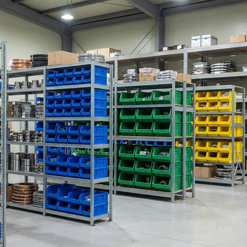 Shelving units in a turnkey manufacturing warehouse are organized with blue, green, and yellow plastic storage bins filled with metal parts and components, while cardboard boxes sit on upper shelves. The floor is clean and the space is well-lit.