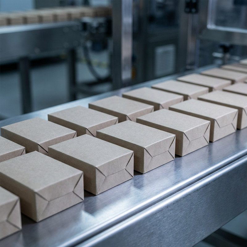 Rows of small, plain cardboard boxes are lined up on a metal conveyor belt in a turnkey packaging facility. The setting appears clean and industrial.