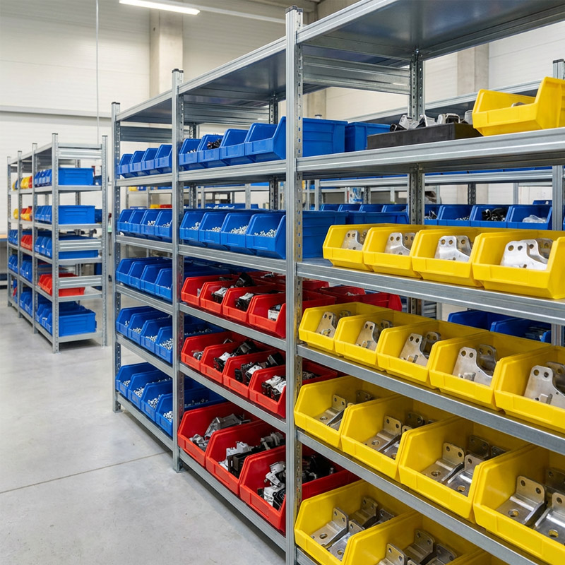 Rows of metal shelves hold organized blue, red, and yellow plastic bins, each containing various metallic machine parts essential for turnkey packaging solutions, in a clean, well-lit production warehouse or storage room.