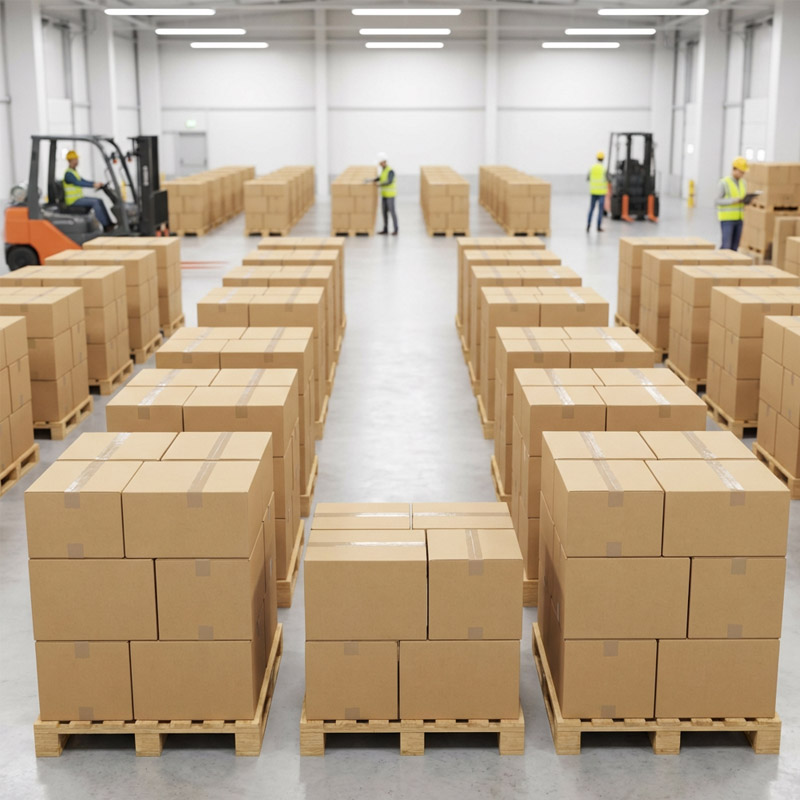 Rows of cardboard boxes stacked on wooden pallets in a large warehouse highlight efficient turnkey packaging. Workers in safety vests and helmets operate forklifts and walk among the boxes. The space is brightly lit and organized.