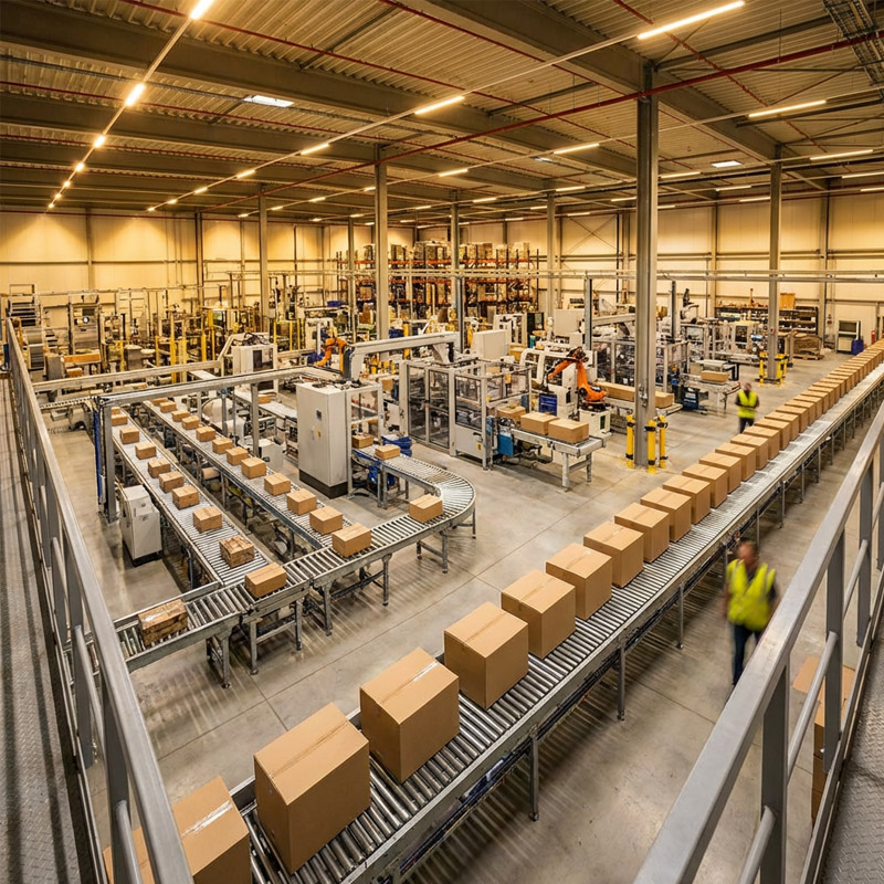 A large warehouse with conveyor belts transporting cardboard boxes showcases efficient turnkey packaging. The facility is filled with industrial equipment, shelving, and workers in high-visibility vests. The scene is organized and brightly lit.